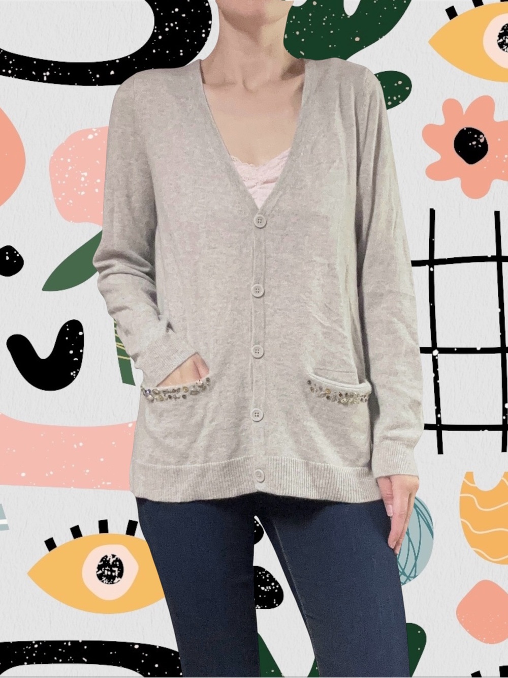 NWT✨ | Garnet Hill | 100% Cashmere Embellished Beaded Pocket Cardigan Sweater